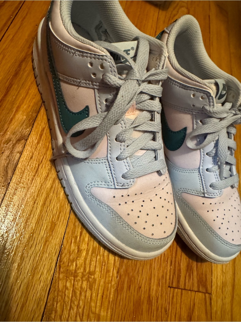 Nike Kids Pastel Pink and Light Blue Sneakers with Teal Swoosh